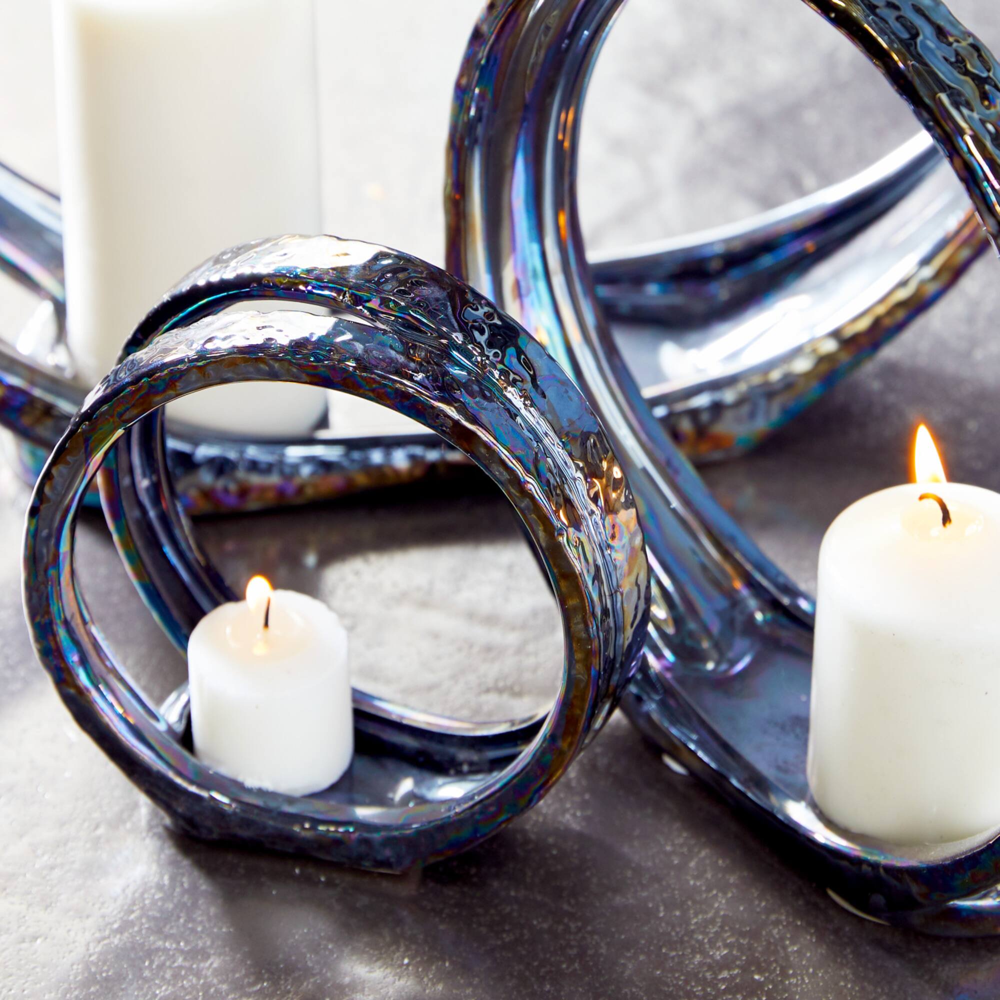 14" Silver Ceramic Glam Candlestick Holder Set
